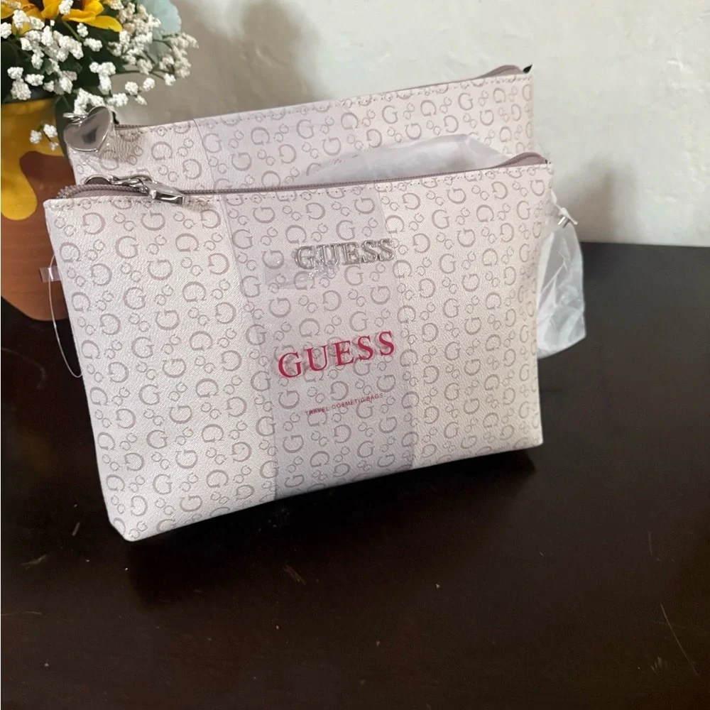 GUESS White and Light Gray Cosmetic Pouch with Red Logo